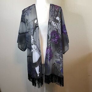 Disney Alice in Wonderland Black Purple Sheer Mad Hatter Fringe Cardigan Wrap